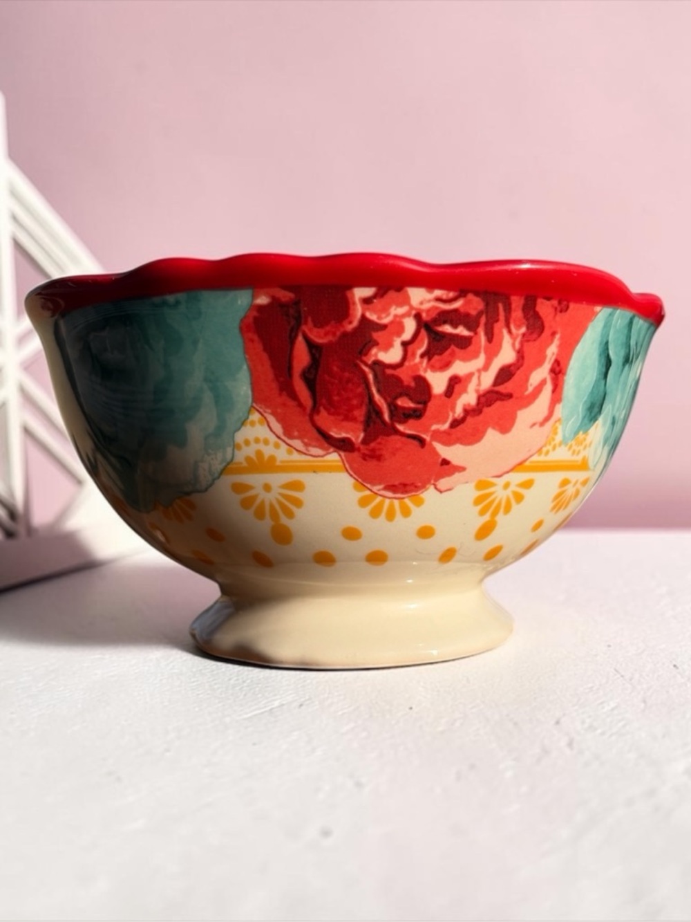 PIONEER WOMAN FLORAL STONEWARE PEDESTAL BOWL